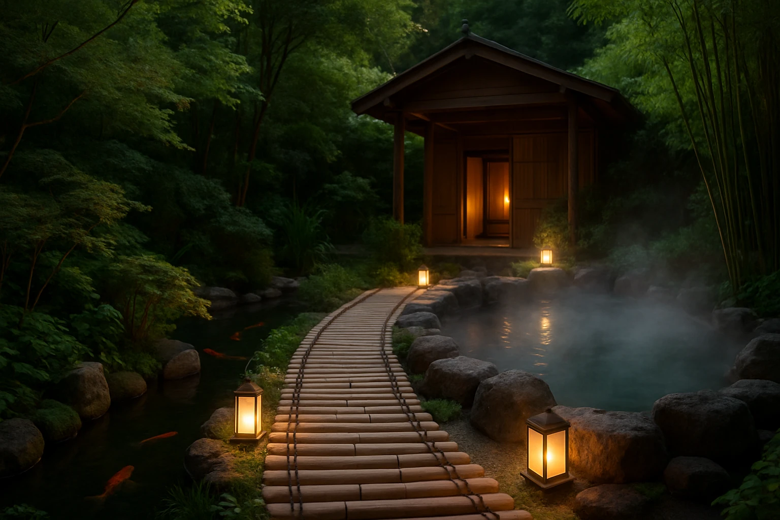 In a tranquil garden setting, a bamboo pathway leads to a serene outdoor bathhouse area, surrounded by lush greenery and a small koi pond, with soft lanterns glowing along the edges of a steaming natural hot spring.