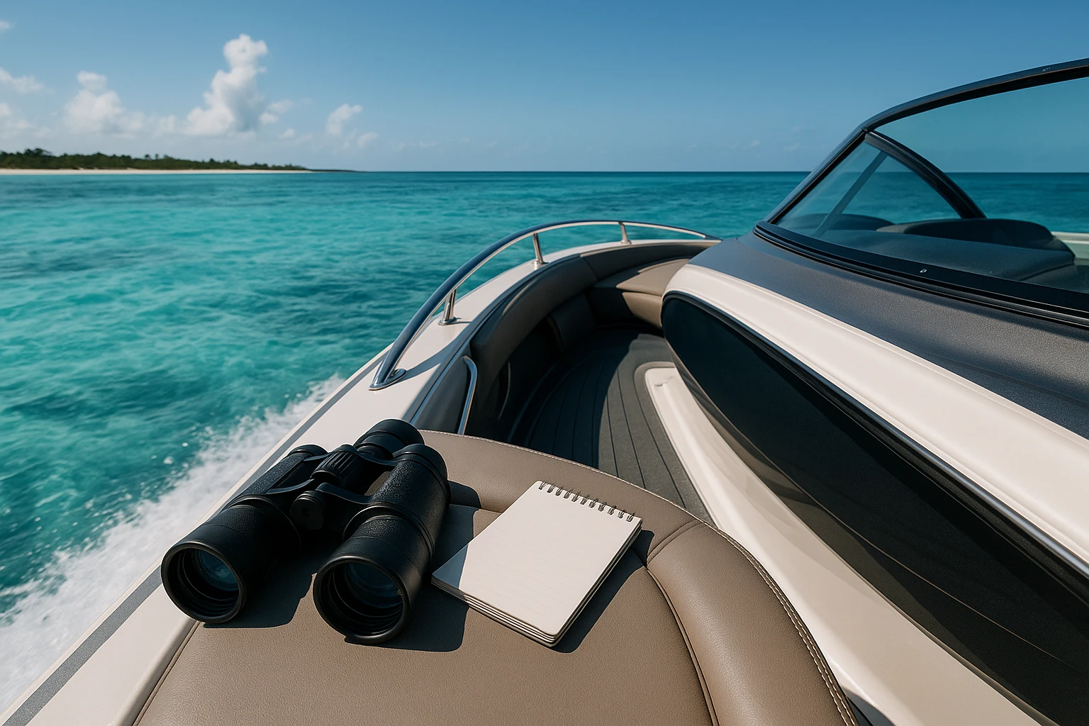 A sleek speedboat gliding through the crystal-clear waters of Turks and Caicos, with a pair of high-tech binoculars and a notepad resting on the passenger seat, hinting at covert surveillance amidst paradise.