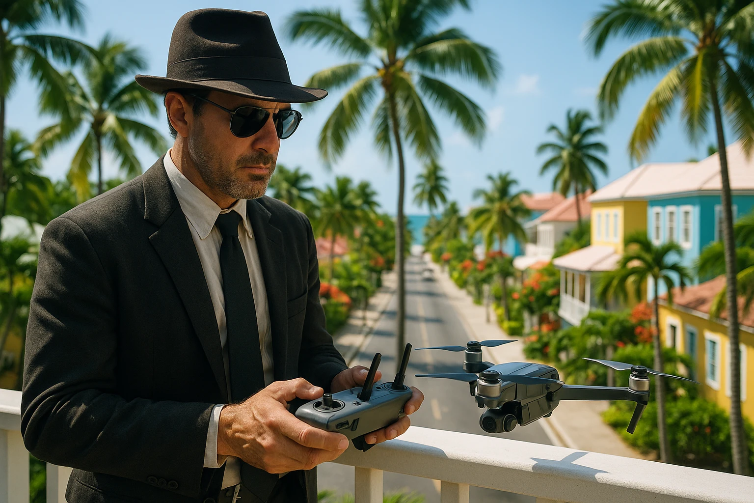 A private investigator in a lush tropical setting uses a compact, high-tech drone controller, standing on a balcony overlooking the vibrant streets of Turks and Caicos, poised to launch the drone into the sky for discreet surveillance.