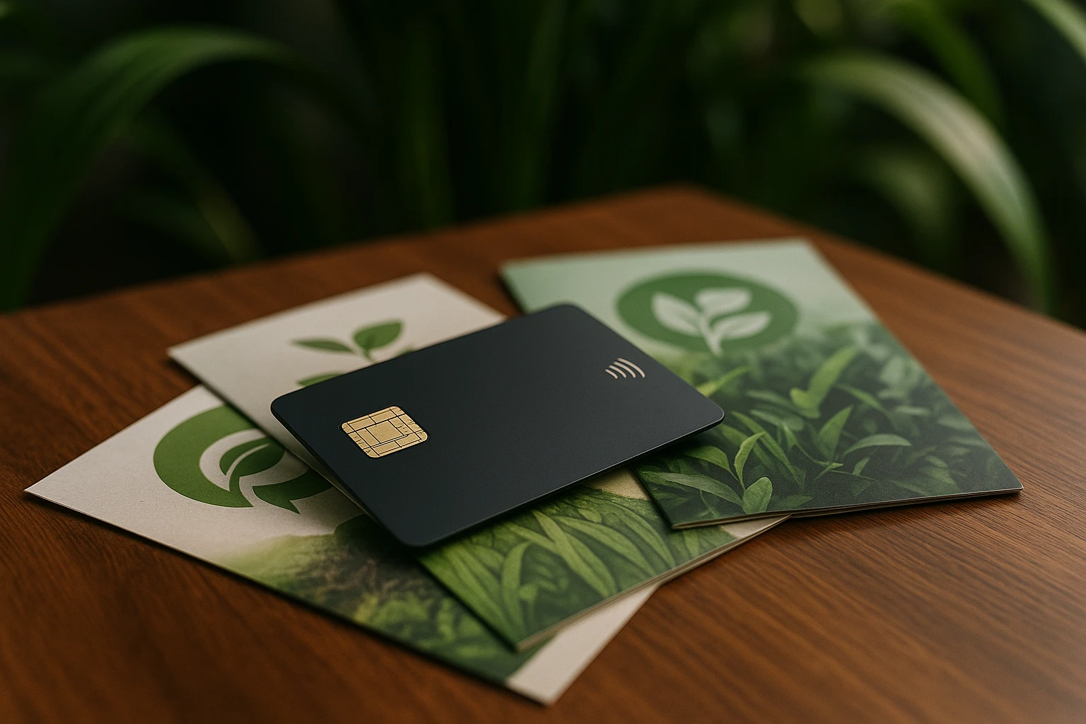 A sleek, cutting-edge smart payment card with embedded microchips lying on a stylish wooden table surrounded by a few eco-friendly business brochures, against a backdrop of lush green plants.