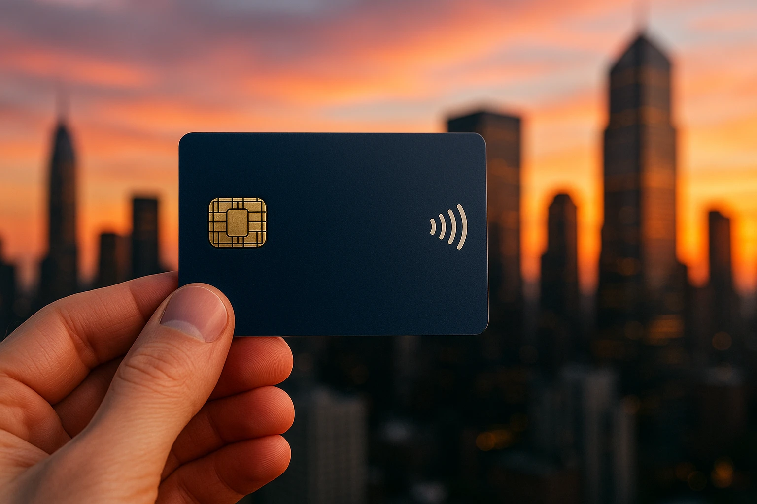 A close-up of a smart payment card being held against a vibrant cityscape at sunset, showcasing the card’s advanced microprocessor design, with skyscrapers reflecting the golden hues in the background.