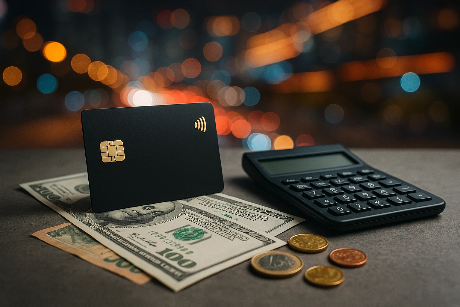 A high-tech smart payment card resting on a polished concrete surface, accompanied by various currencies and a sleek digital calculator, set against a background of dynamic, swirling city lights at night.