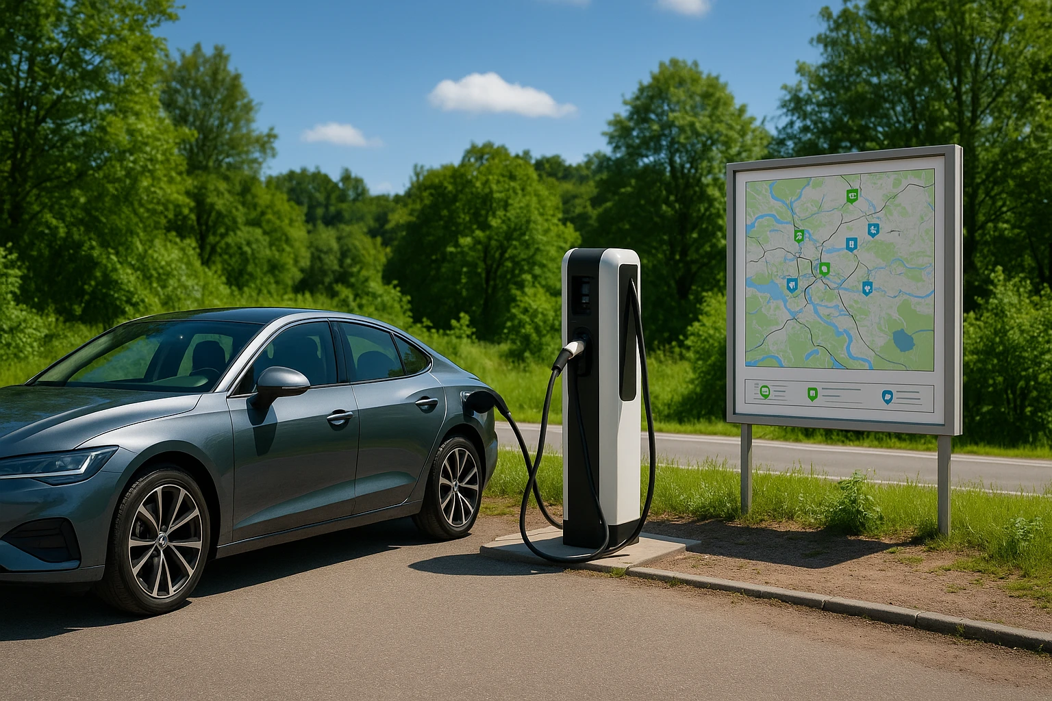 A scenic roadside charging station with a sleek electric car plugged in, surrounded by lush greenery and a bright blue sky, showcasing a map on a public board with various charging options highlighted.