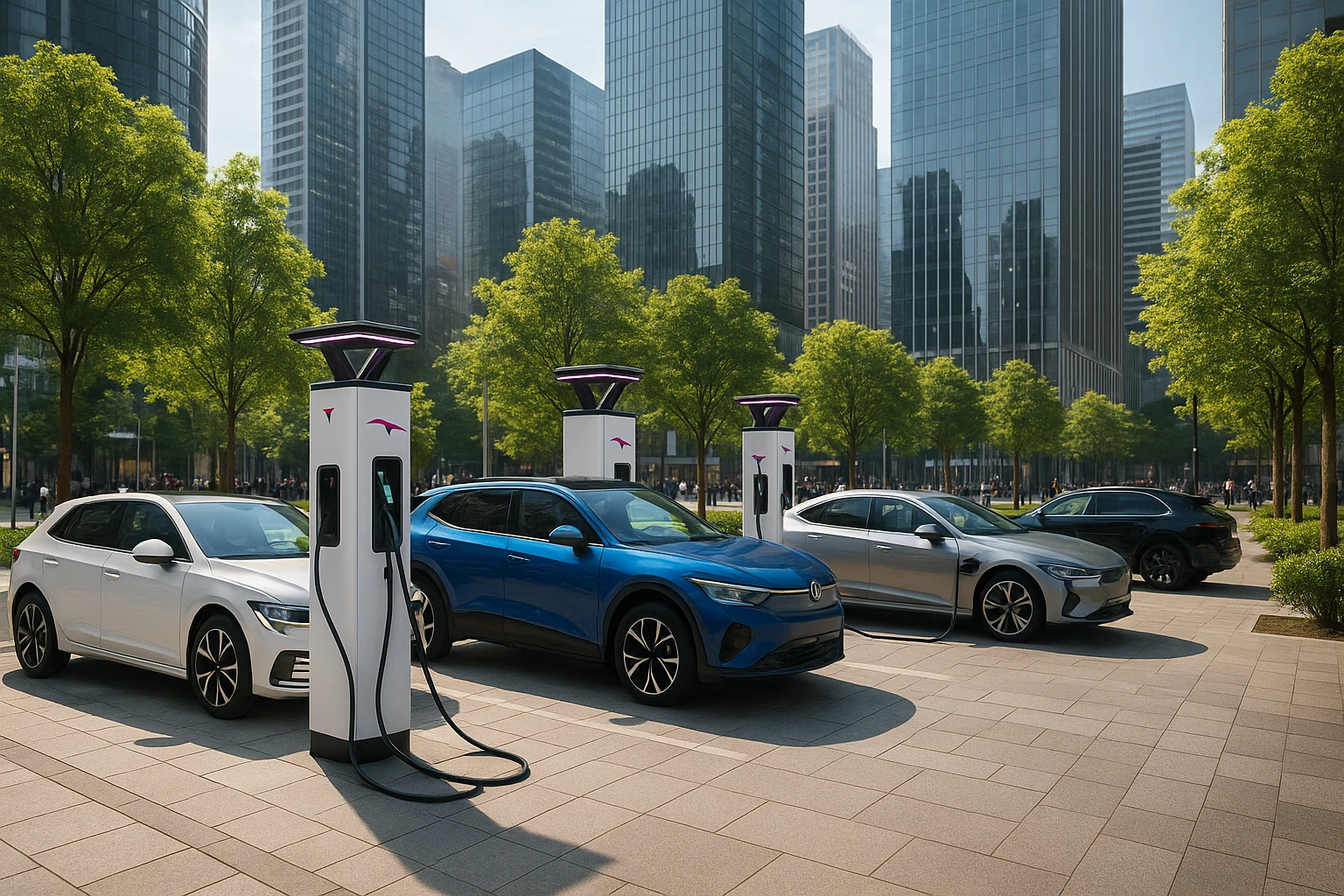 A bustling urban plaza with multiple electric vehicles parked at sleek, modern charging stations, each featuring a distinct Ionity logo, surrounded by city skyscrapers and vibrant greenery.