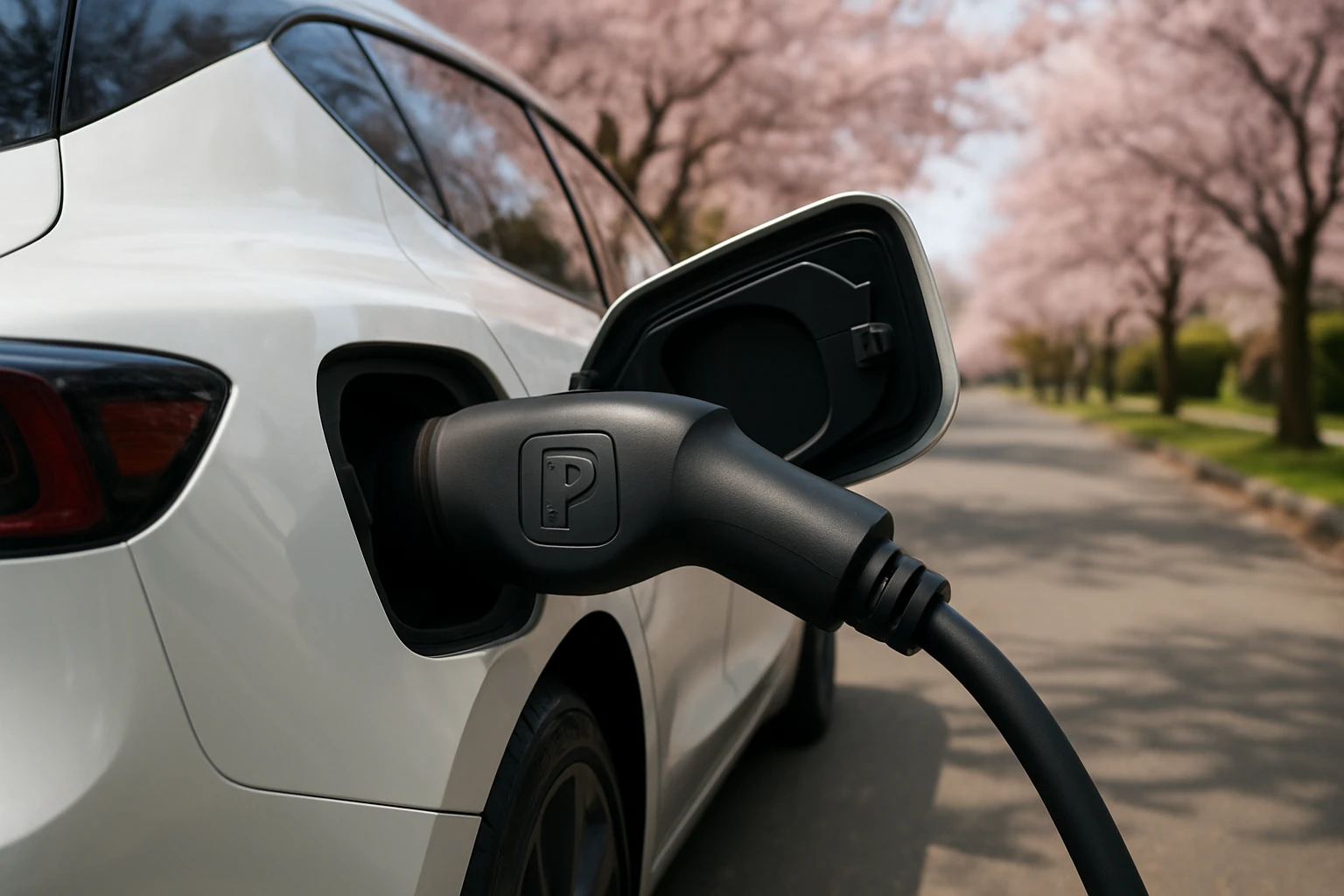 A close-up of a charging connector being plugged into a sleek electric vehicle, with a unique PlugShare logo etched on the side of the charging cable, set against a backdrop of a quiet suburban street lined with blooming cherry blossom trees.
