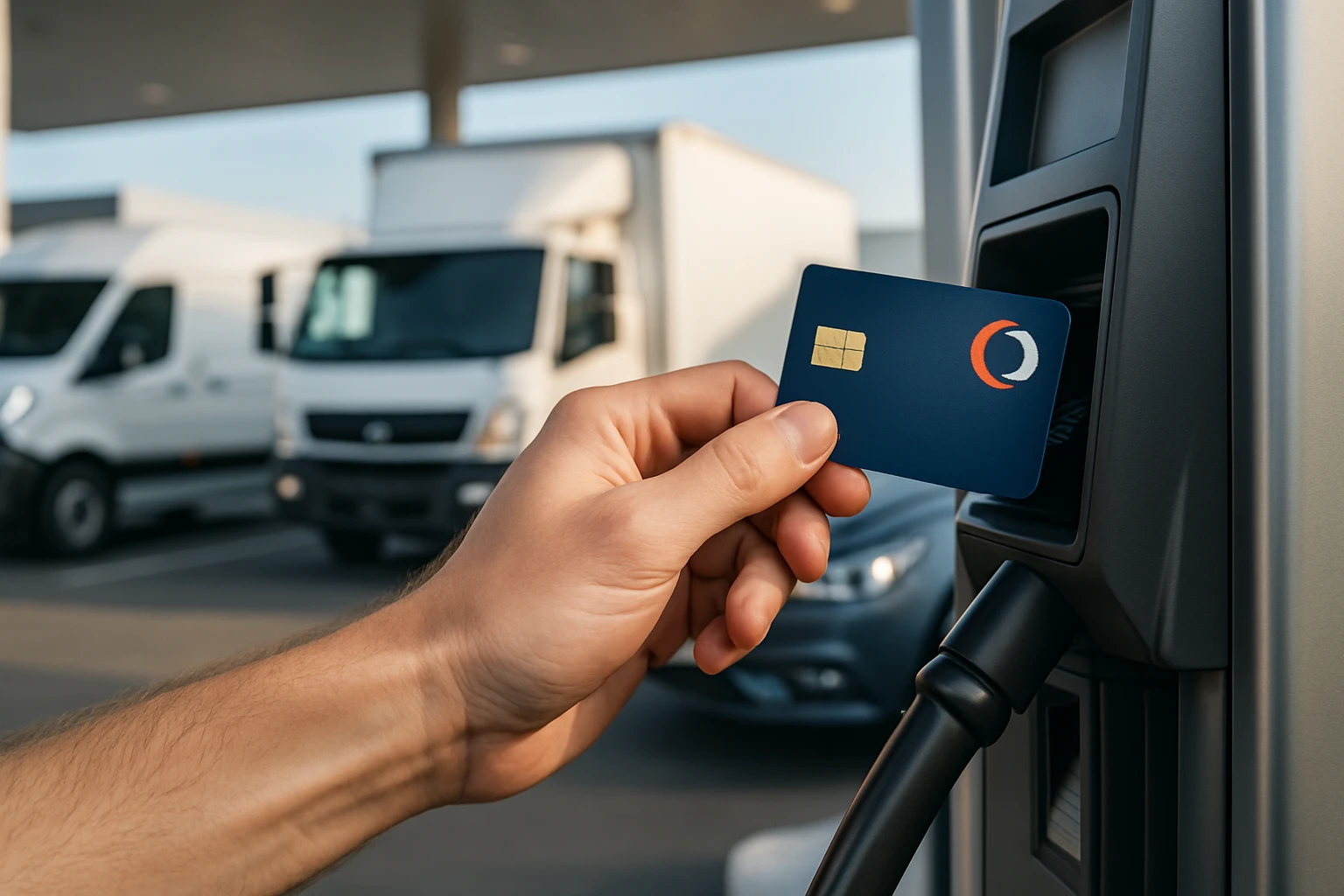A close-up of a sleek fuel card with a company logo being inserted into a fuel pump terminal at a bustling, modern gas station, surrounded by a fleet of diverse corporate vehicles.