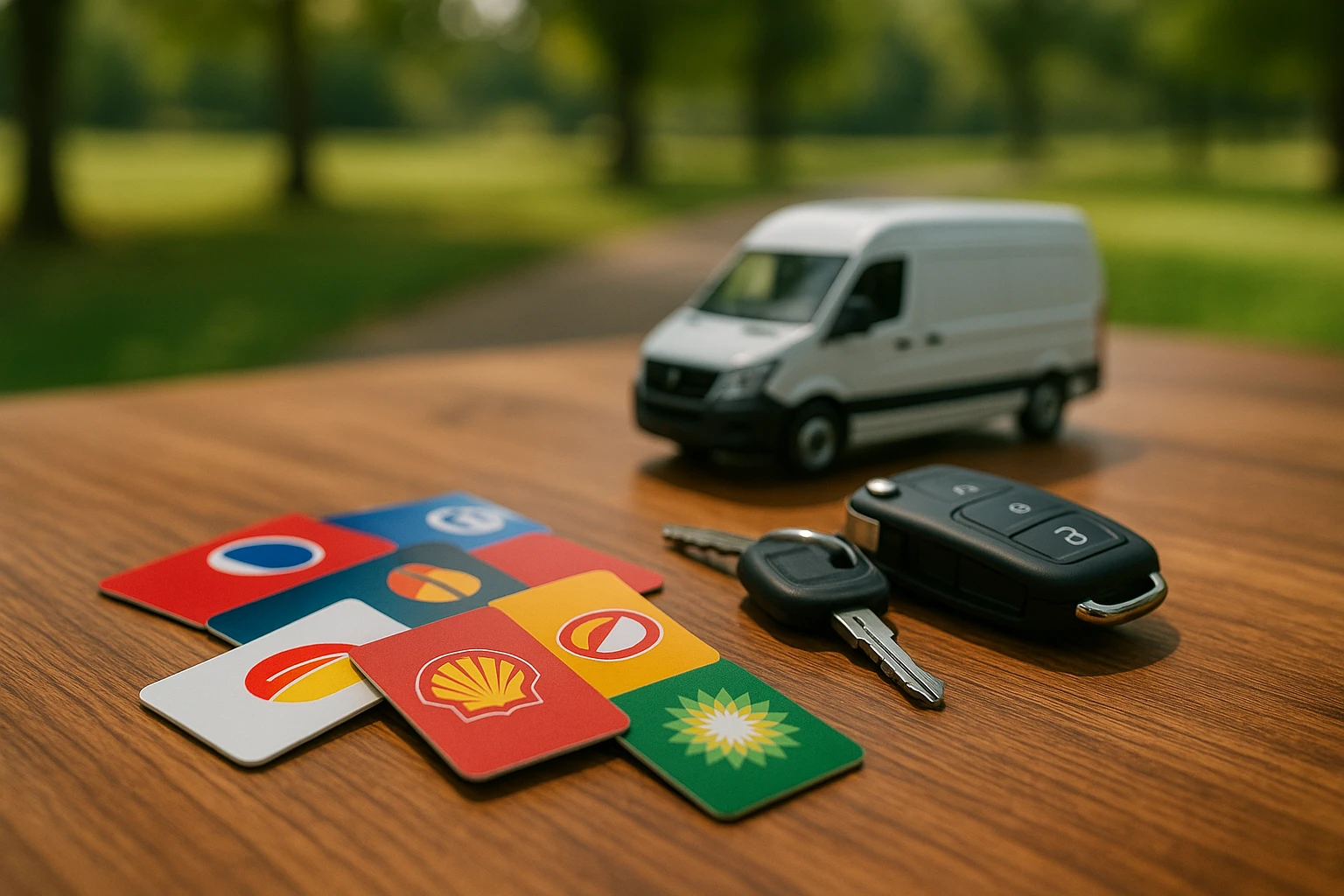 An array of fuel cards neatly arranged on a wooden table, each displaying vibrant corporate logos, beside a set of car keys and a small model of a delivery van, symbolizing fleet management and efficiency in an outdoor park setting.
