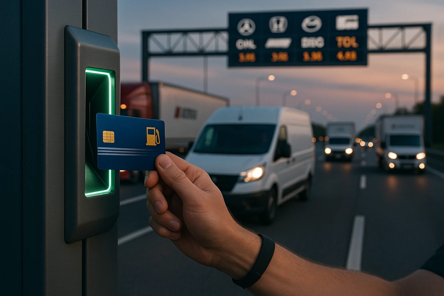 A fuel card being scanned at a futuristic automated toll booth on a highway at dusk, surrounded by a line of various company vehicles moving swiftly, with a signage displaying company logos and toll rates in the background.