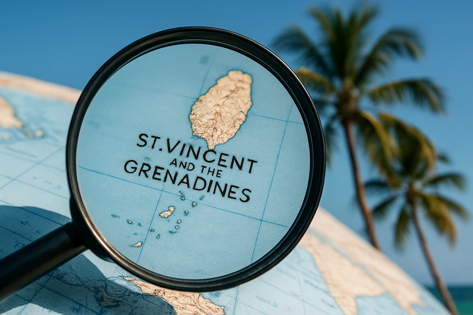 A close-up of a magnifying glass focusing on a map of St. Vincent and the Grenadines, with a background of palm trees swaying under a clear blue sky, symbolizing investigation in paradise.