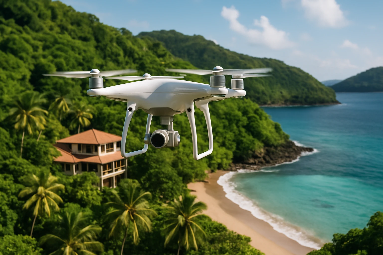 A drone hovering over the lush, tropical landscape of St. Vincent and the Grenadines, with its camera capturing high-resolution images of a remote beachside villa.