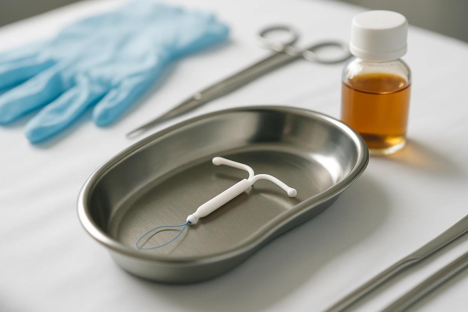 A close-up of an IUD in a sterile medical tray, surrounded by medical instruments such as gloves and a small bottle of antiseptic, set on a crisp white surface in a well-lit clinic room.