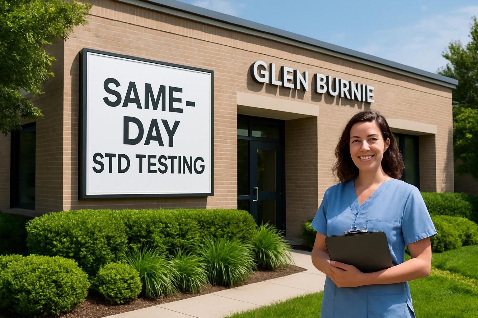 A well-lit Glen Burnie clinic exterior with a clear 