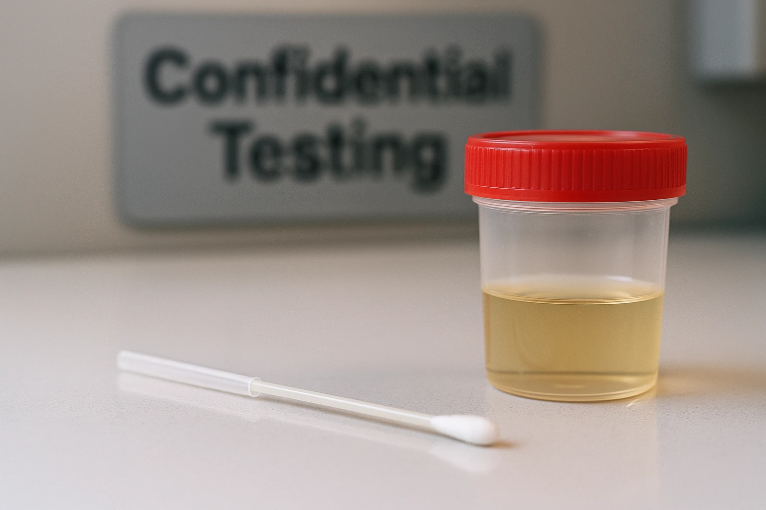A close-up of a medical swab and a urine sample cup on a clean, white counter with a sign in the background that reads 