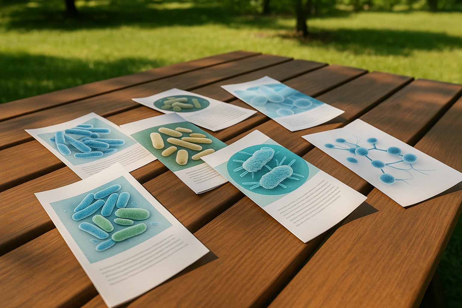 A collection of medical brochures and pamphlets featuring graphics of bacteria and informative text, laid out on a wooden picnic table in a sunny park setting.