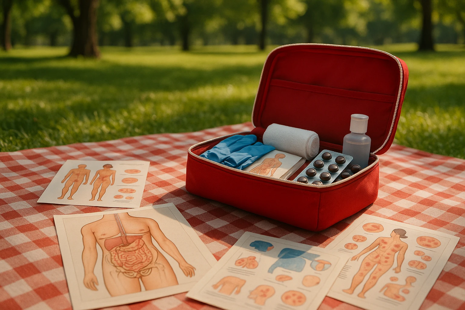 A first aid kit open on a picnic blanket in a park, with diagrams of human anatomy and informative leaflets on sexually transmitted infections scattered around the kit.
