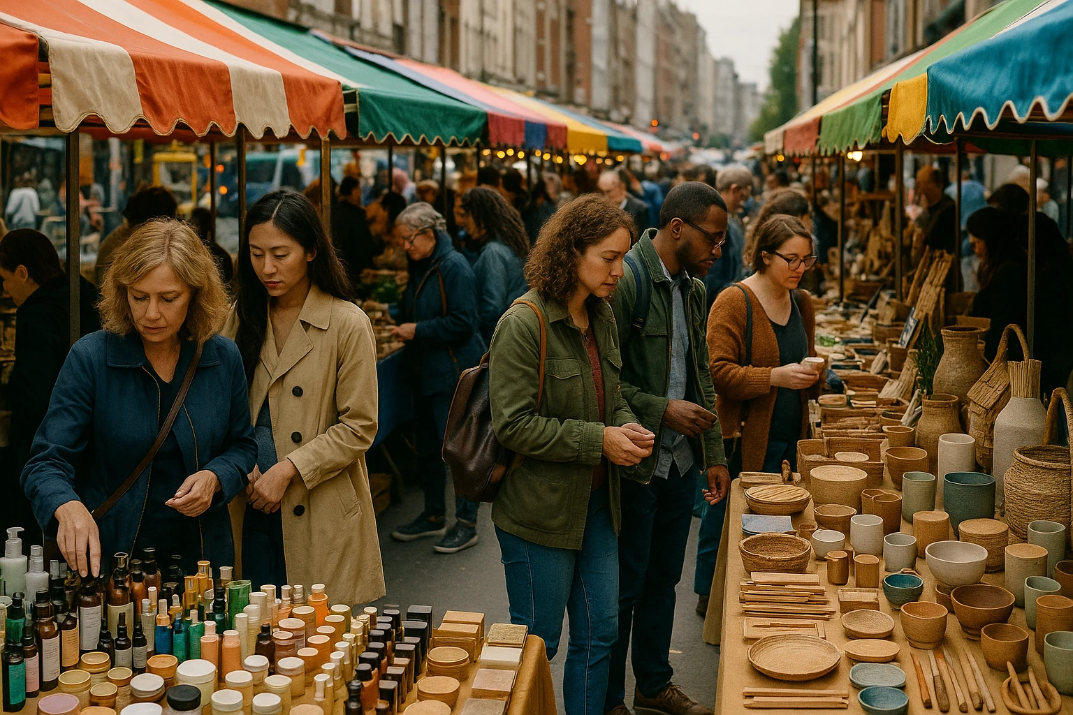 A bustling city street market filled with vibrant stalls showcasing a diverse range of beauty products, homeware, and artisanal goods, with shoppers examining items and comparing prices under colorful awnings.