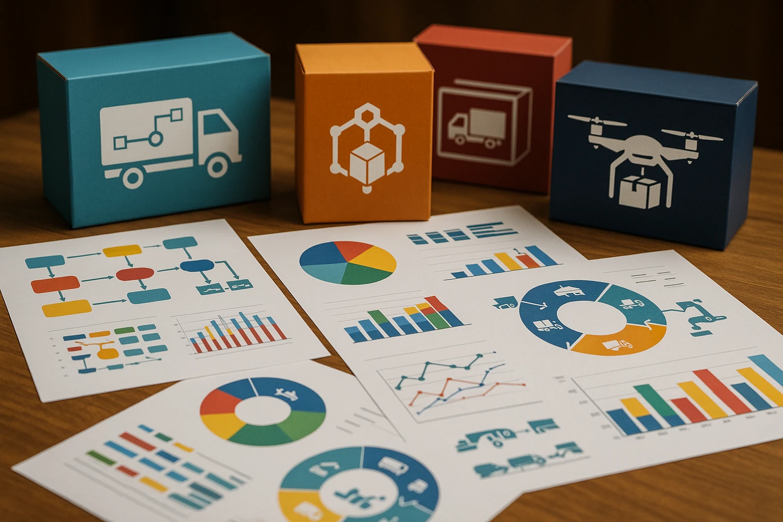 A variety of colorful supply chain management tools, charts, and graphs laid out on a wooden table, accompanied by branded product packaging from different companies displaying innovative logistics solutions.