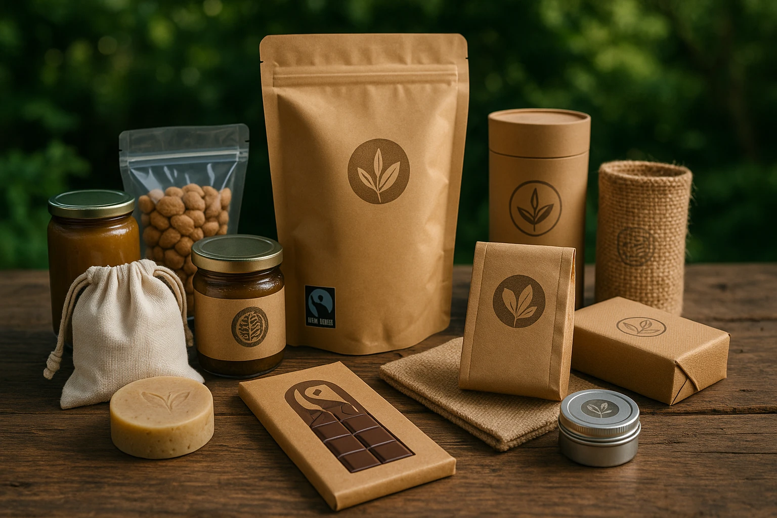 A diverse collection of ethically sourced product samples spread across a rustic wooden table, including eco-friendly packaging and fair-trade certified goods, with natural materials and sustainable brand logos visible amidst a backdrop of lush greenery outdoors.