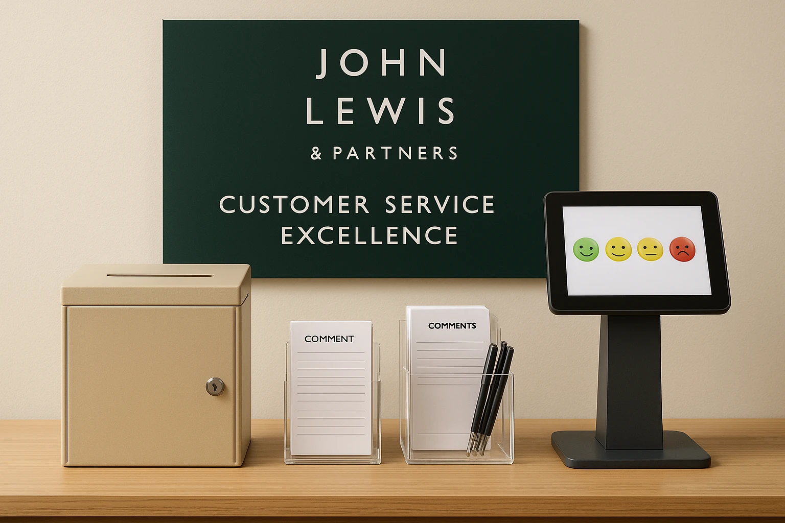 A store display showcasing a variety of customer feedback tools, including suggestion boxes, comment cards, and digital feedback kiosks, with branded signage from John Lewis & Partners prominently highlighting their commitment to customer service excellence.