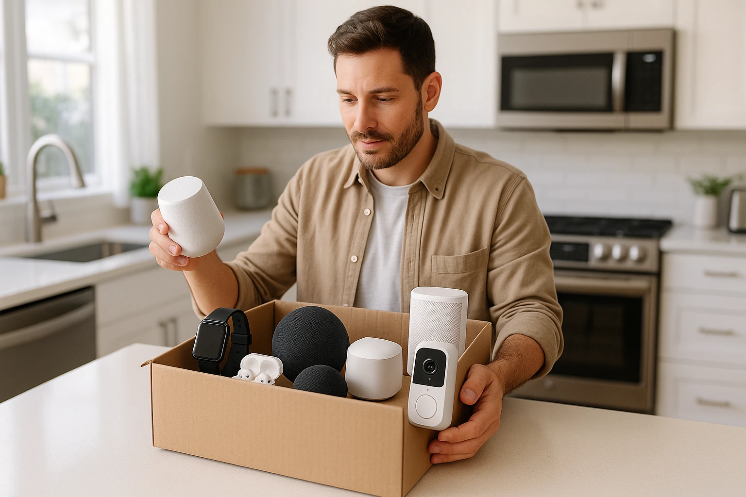 A consumer unpacking a delivery box filled with various tech gadgets and smart home devices on a kitchen island, each item marked with logos of different innovative brands, amidst a bright and airy kitchen setting with modern appliances.