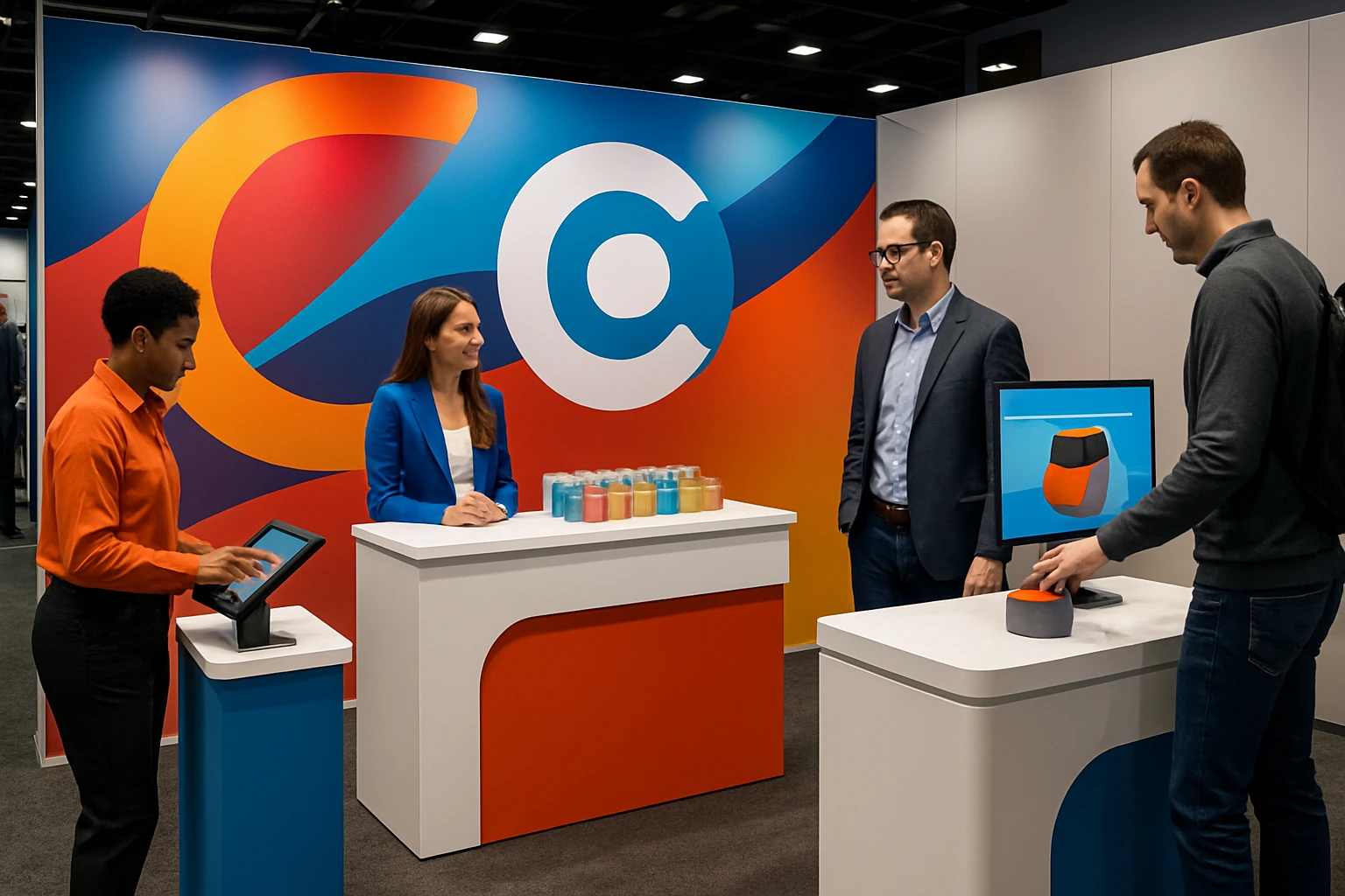 A vibrant trade show booth features a large, eye-catching banner with bold, colorful graphics and the company logo prominently displayed, surrounded by interactive product demos and free sample stations set against a sleek, modern backdrop.