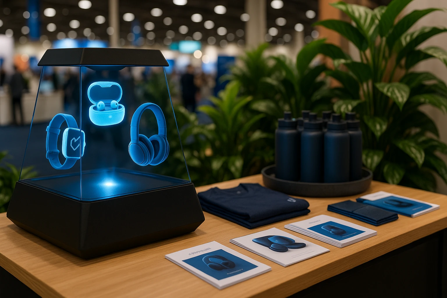 A trade show display features a sleek digital hologram projector showcasing rotating 3D models of the company's latest products, set beside a vibrant display of branded merchandise and brochures on an elegantly designed wooden table, surrounded by lush green plants for a fresh, inviting atmosphere.