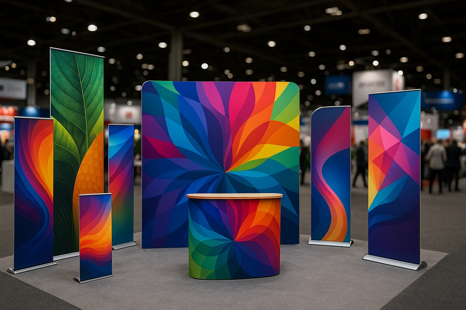A vibrant trade show booth featuring an array of colorful, high-quality printed banners and displays from Printdesigns Limited, set against a busy exhibition hall backdrop with other brands' logos subtly visible.