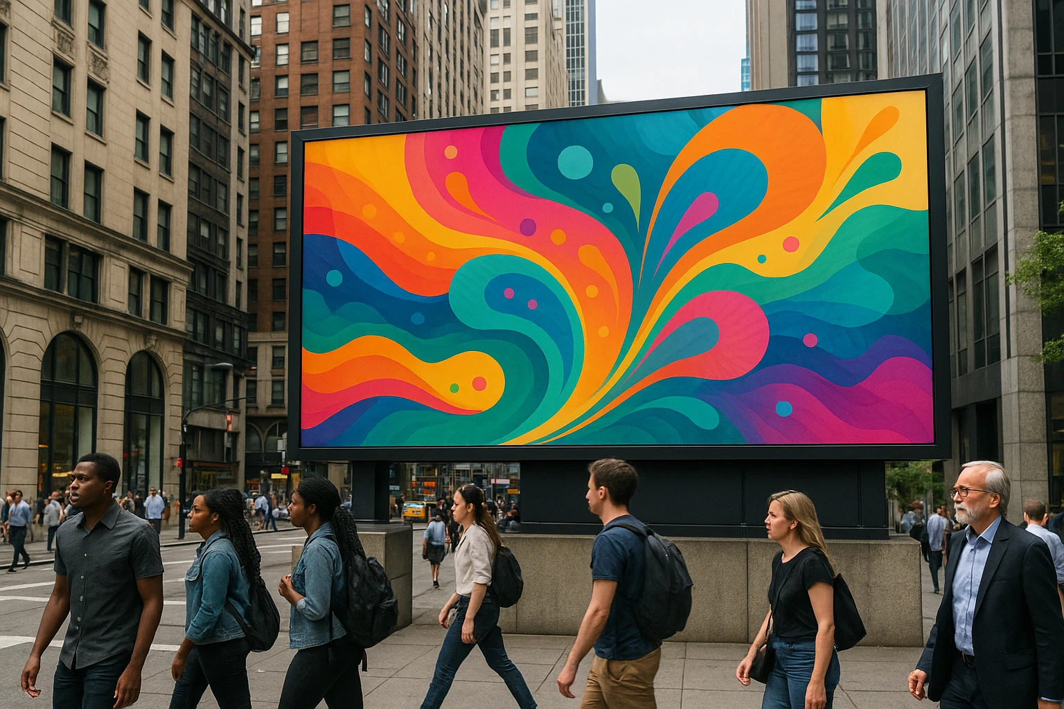 A bustling city street scene featuring a large, eye-catching billboard showcasing a vibrant Printdesigns Limited custom banner design, with pedestrians walking by and tall buildings in the background.