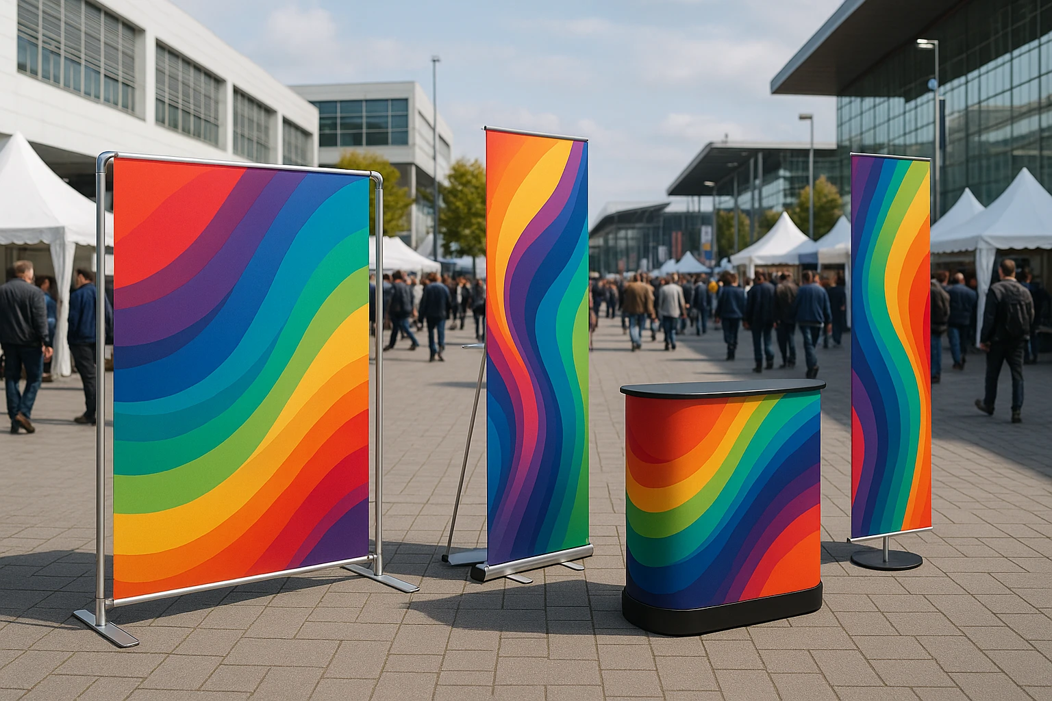A colorful exhibition booth featuring vibrant banners and portable display stands by Printdesigns Limited, set against a bustling outdoor trade fair with a backdrop of modern architecture.