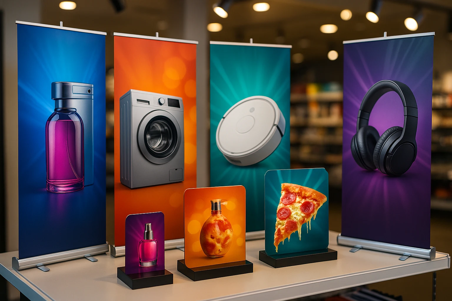 A vibrant in-store display featuring an array of colorful roll-up banners and 3D pop-up stands showcasing detailed product images, surrounded by dynamic lighting that highlights the Printdesigns Limited logo prominently on each piece.