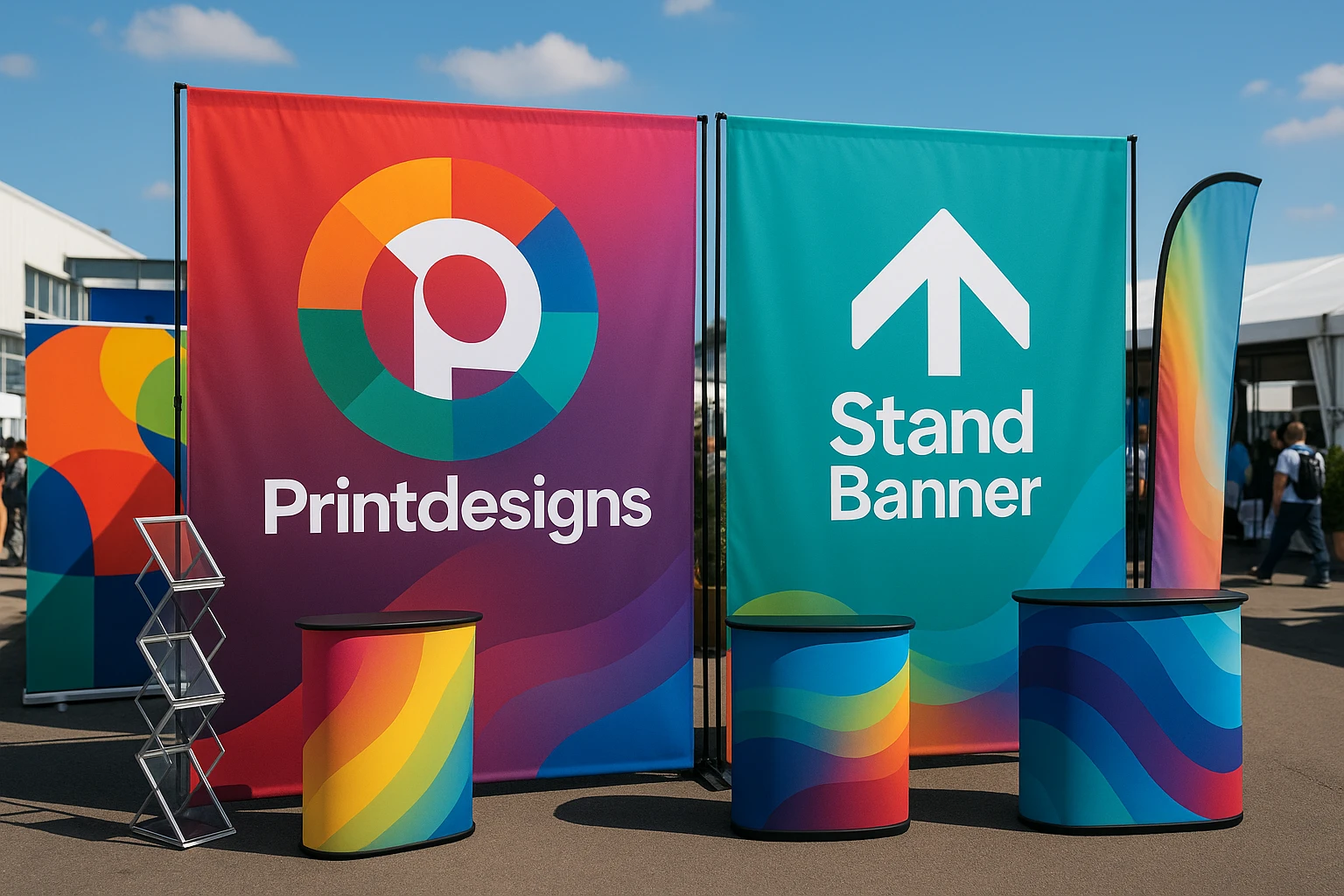 A vibrant outdoor trade show scene featuring two large, eye-catching banner displays side by side; one emblazoned with the bold logo of Printdesigns and the other with Stand Banner, surrounded by an array of promotional materials and colorful backdrops.