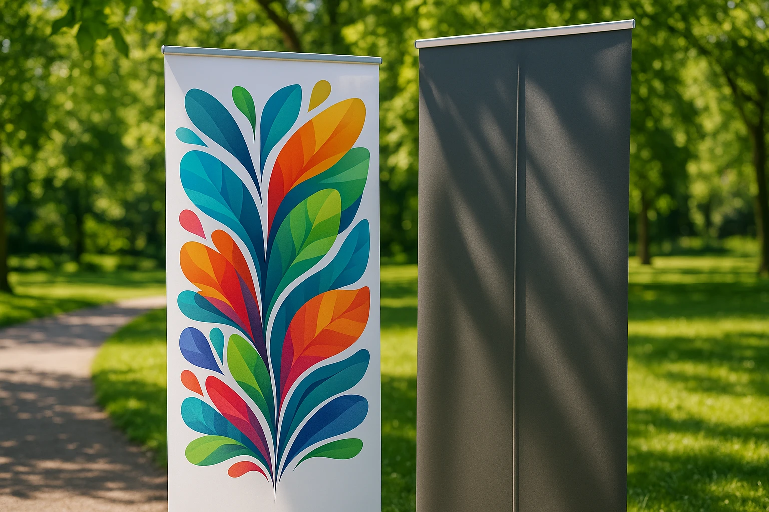 A close-up of two high-quality banner displays in a sunny park setting; one with detailed, vibrant graphics labeled Printdesigns, and the other highlighted with Stand Banner, both surrounded by lush greenery and sunlight casting shadows on their surfaces.