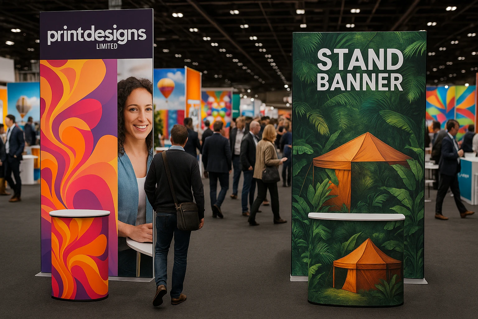 A bustling trade show floor filled with vibrant displays featuring large, eye-catching banners from Printdesigns Limited and Stand Banner, set against a backdrop of colorful booths and promotional materials, emphasizing the distinct styles and quality each brand offers.