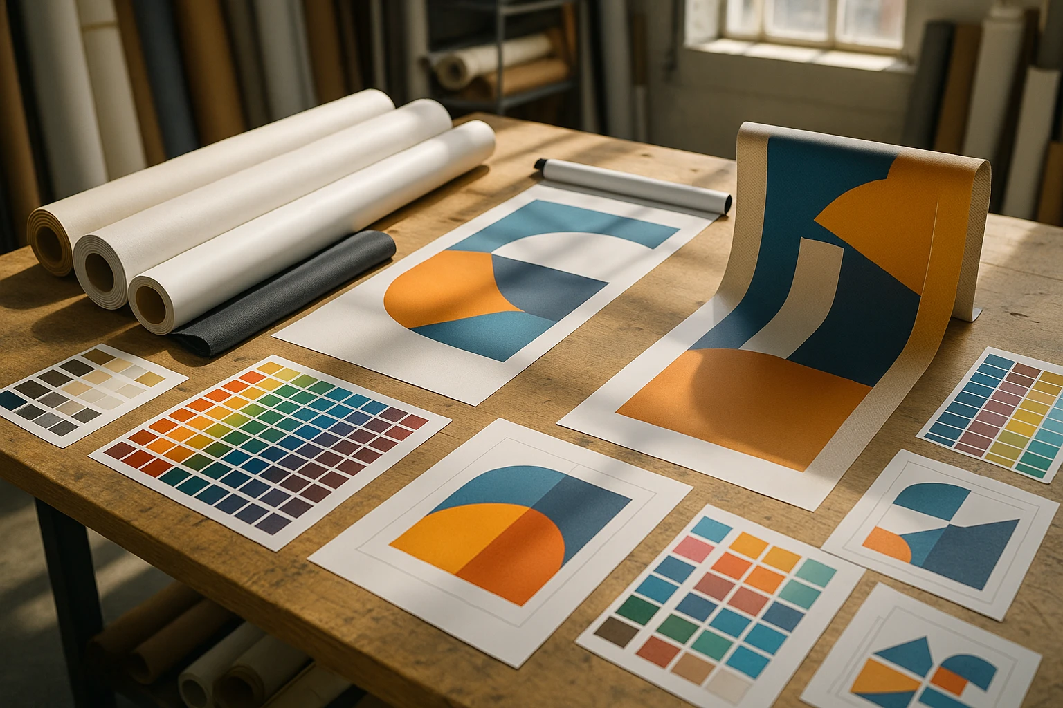 In a sunlit workshop, diverse printing materials like fabric rolls and paper sheets are spread out alongside distinctive banner samples from Printdesigns Limited and Stand Banner, showcasing various textures and finishes while surrounded by vibrant color swatches and design blueprints.