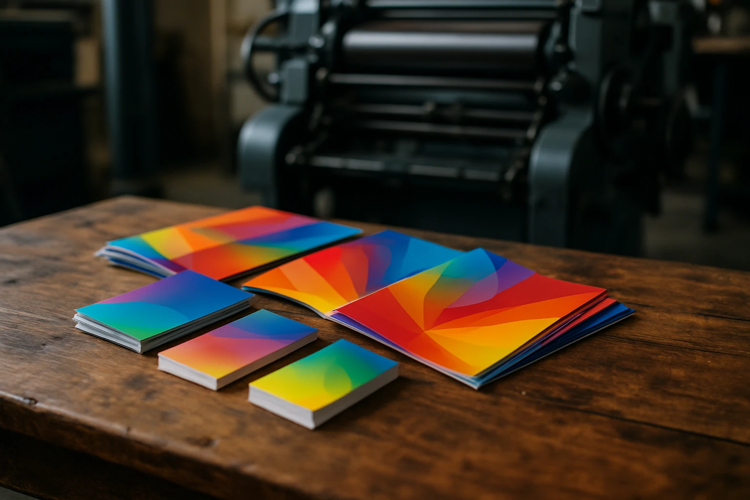 A colorful display of vibrant print brochures and business cards fanned out on a rustic wooden table, with an industrial printing press in the background, highlighting the tactile quality of high-end print materials.