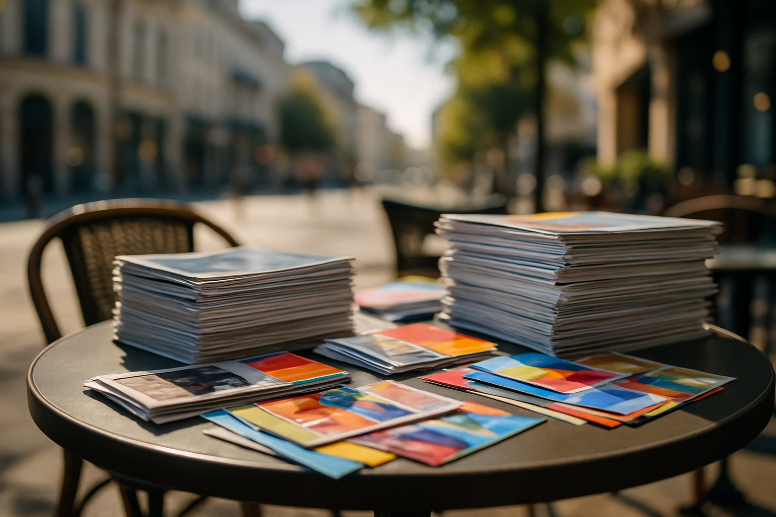 Stacks of glossy magazines and colorful flyers spread across an outdoor café table, with a bright afternoon cityscape in the background, symbolizing the expressiveness and reach of quality print materials in public spaces.