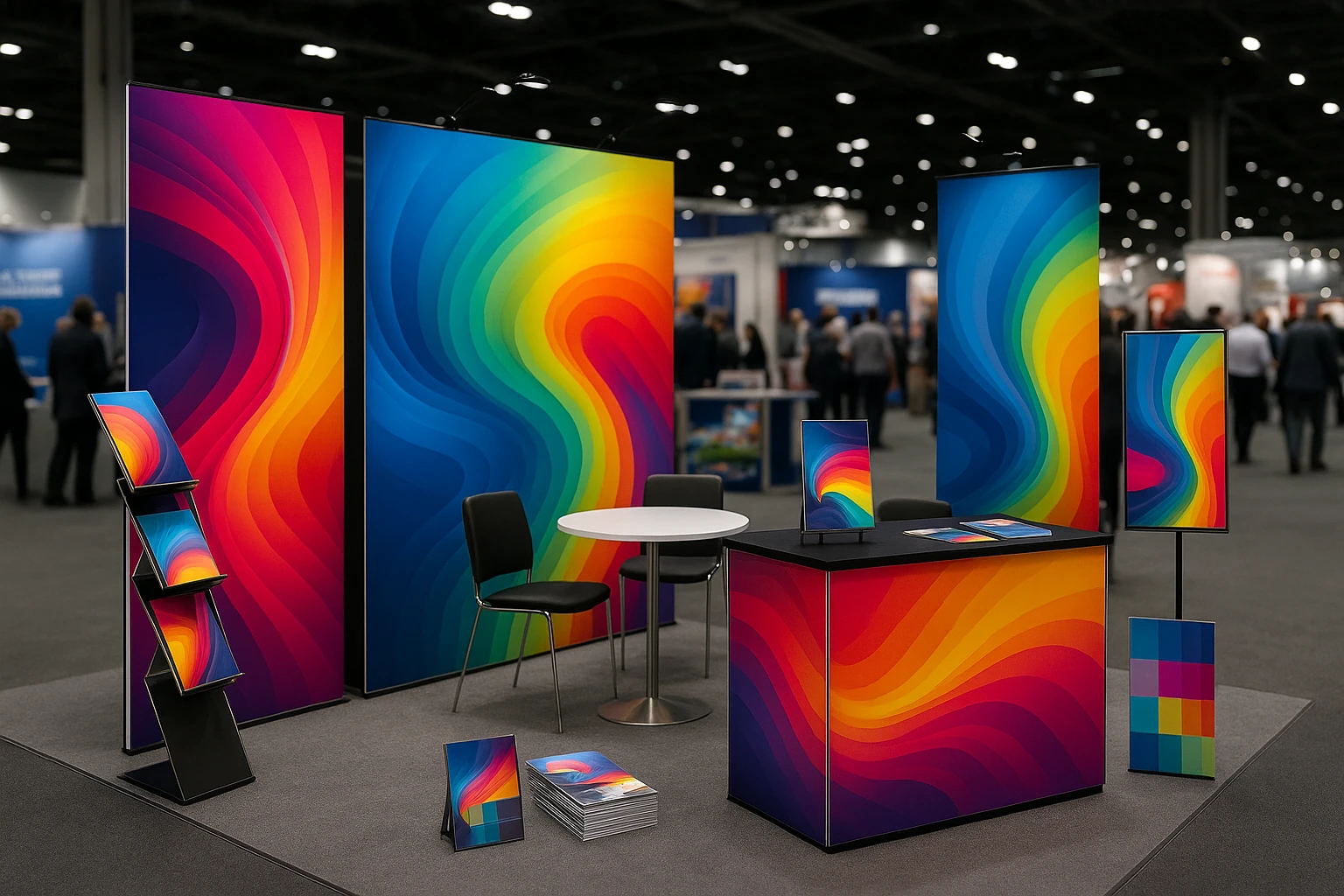 A vibrant exhibition booth showcasing Printdesigns Limited's eye-catching display graphics, with large colorful banners and custom-printed marketing materials prominently arranged against a backdrop of a bustling trade show.