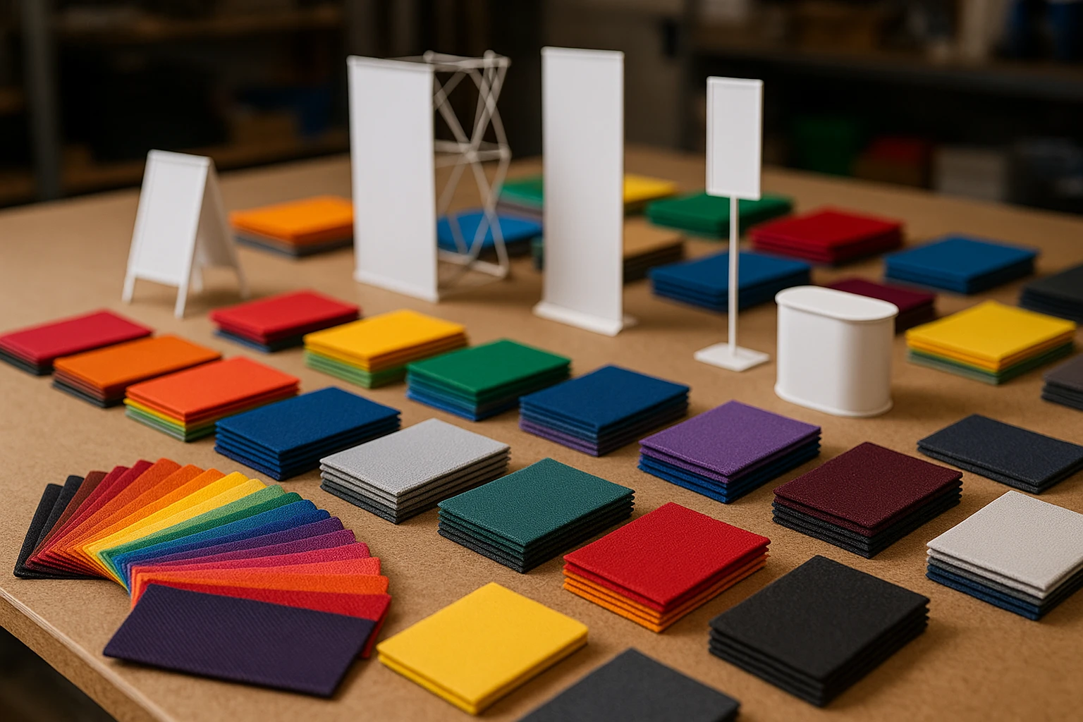 A workshop table filled with vibrant swatches of fabric and materials, alongside model mock-ups of portable display stands and promotional structures, highlighting the craftsmanship and creativity of Printdesigns Limited's product development process.
