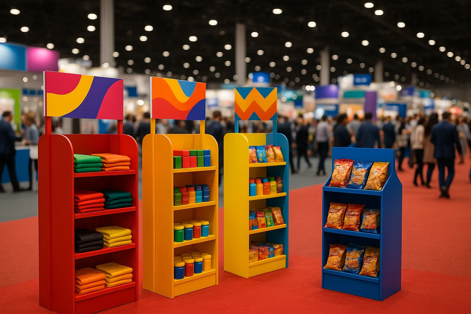 A vibrant trade show floor featuring a variety of vibrant discount display stands, showcasing colorful banners and products, set against a backdrop of bustling visitors and interactive booths.