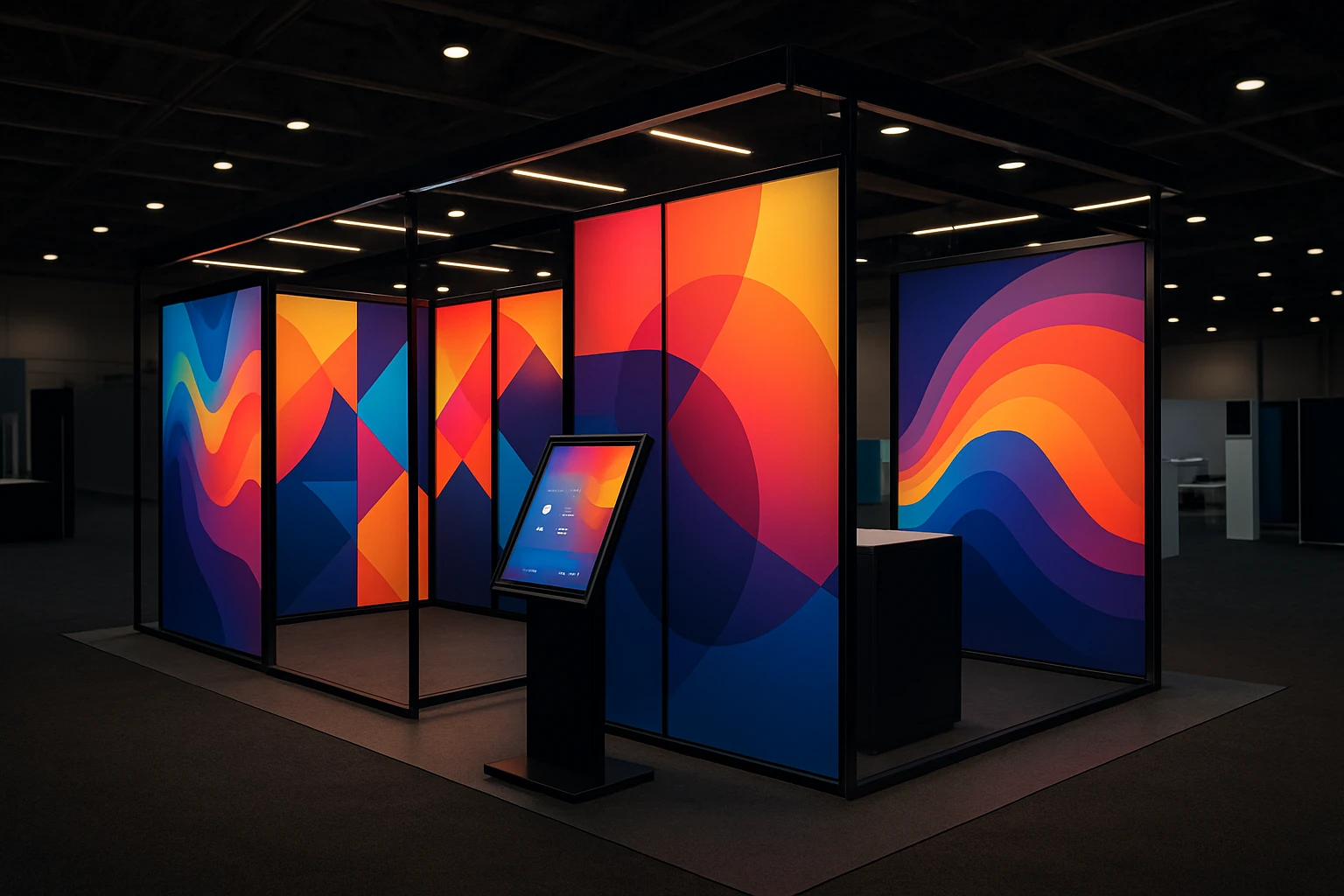 A trade show setup featuring a sleek modular display system with customizable panels, showcasing an array of vibrant graphic designs and interactive digital touchpoints under ambient lighting in an expansive exhibition hall.