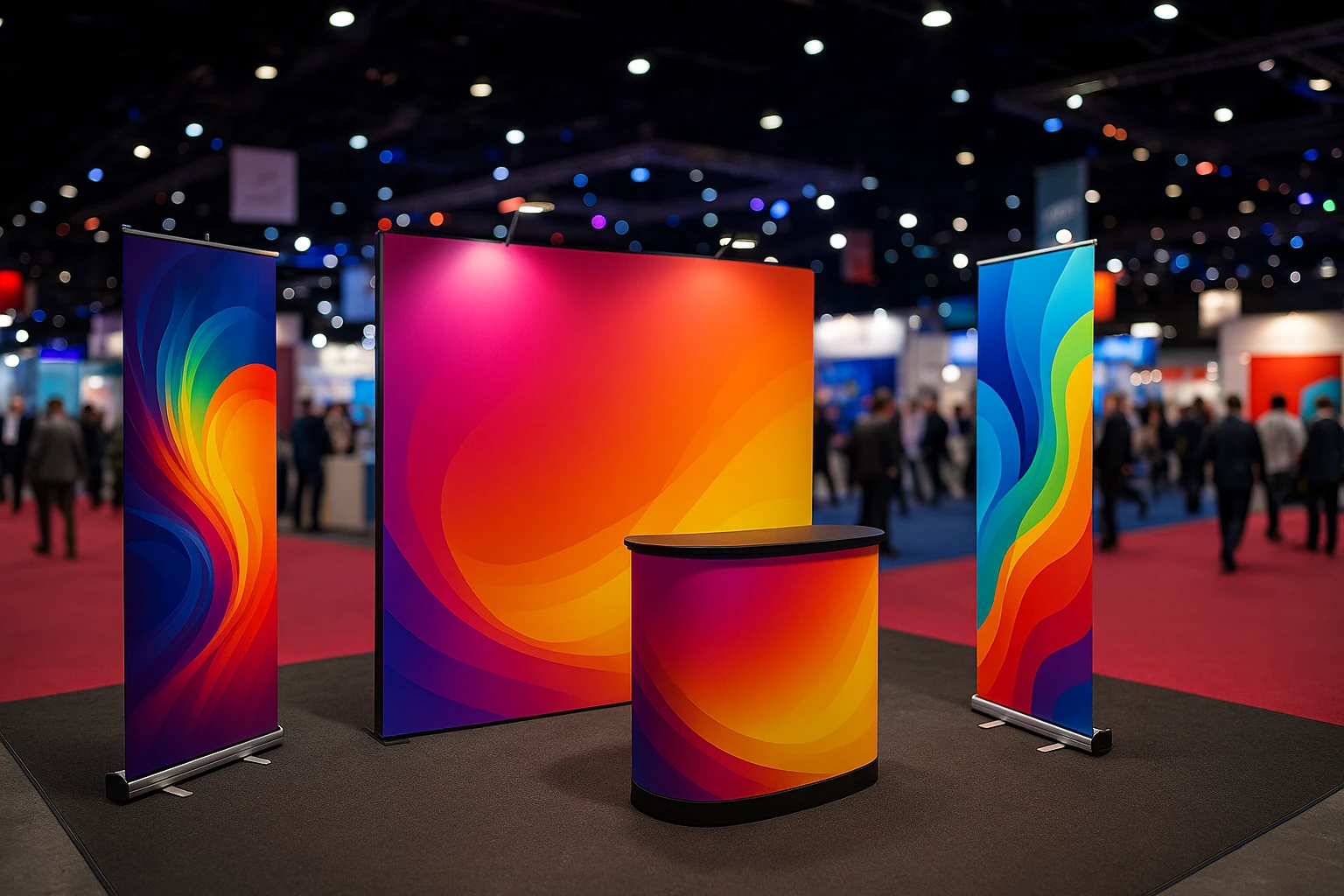 A bright trade show booth featuring vibrant, custom-designed banners and display stands from Discount Displays Limited, set against the backdrop of a bustling exhibition hall with colorful lights and attendees exploring various booths.