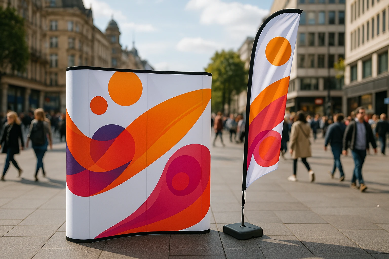A sleek outdoor pop-up display featuring eye-catching graphics and a portable flag banner showcasing Discount Displays Limited branding, set in a vibrant city square with pedestrians passing by, capturing the dynamic energy of a bustling urban environment.