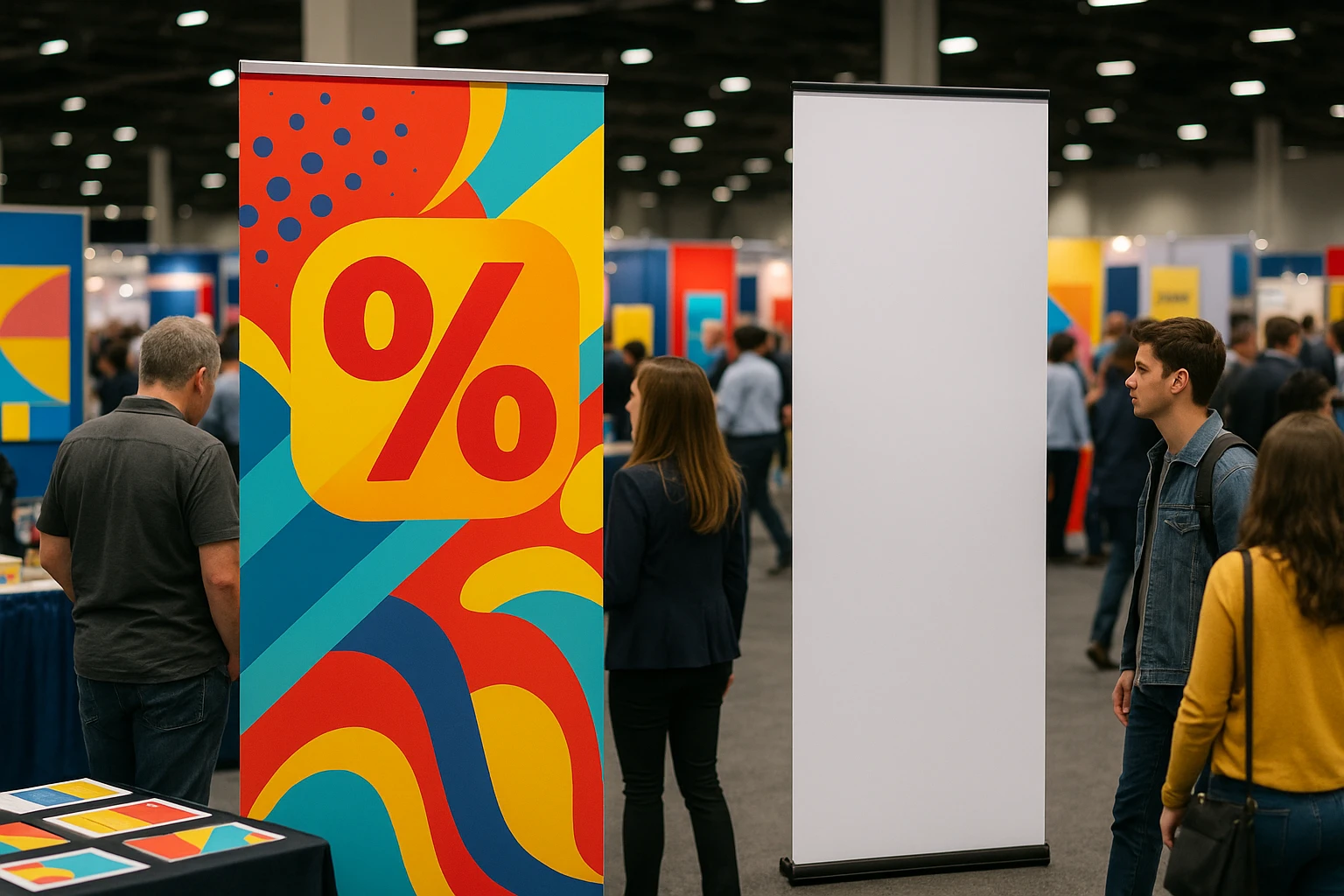 A vibrant trade show floor featuring a large Discount Display with eye-catching graphics next to a sleek Stand Banner showcasing a minimalist design, surrounded by an array of colorful promotional materials and curious attendees exploring the booths.