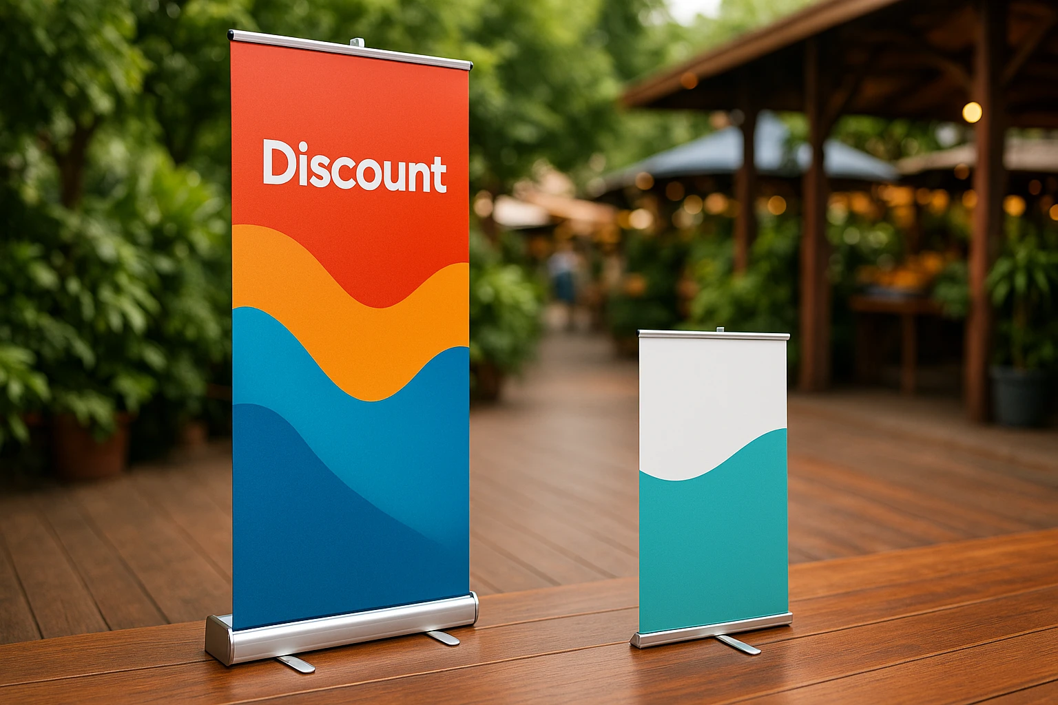 A close-up of a vibrant Discount Display retractable banner in an outdoor market, surrounded by lush greenery, showing its sturdy base and colorful branding, contrasted with a compact Stand Banner on a polished wooden deck, illustrating its portable, lightweight design and emphasizing the different materials used in construction.