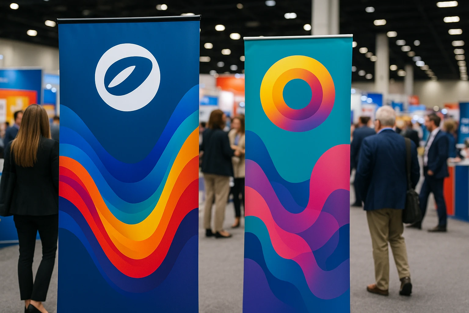 A vibrant trade show floor featuring eye-catching banner stands from Discount Displays and Stand Banner, with colorful graphics and company logos prominently displayed, surrounded by attendees browsing nearby booths.