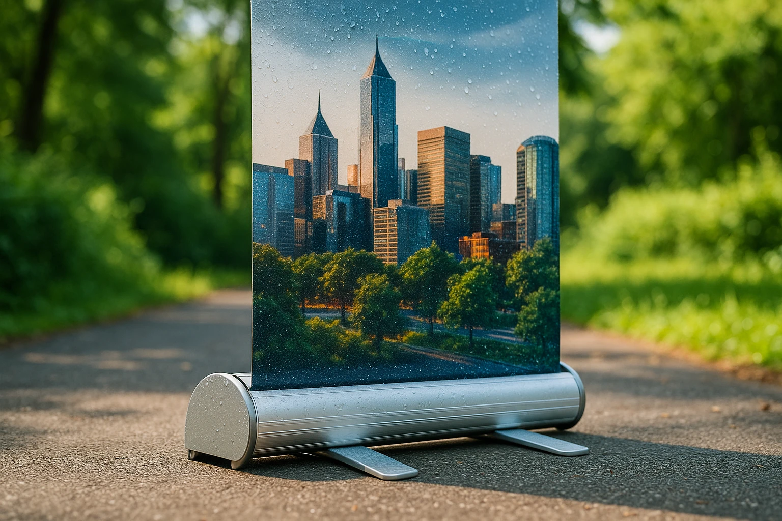 A close-up of a sturdy roll-up stand from Stand Banner placed in an outdoor setting, showcasing its weather-resistant properties with a vibrant graphic of a cityscape, surrounded by lush greenery and natural light.