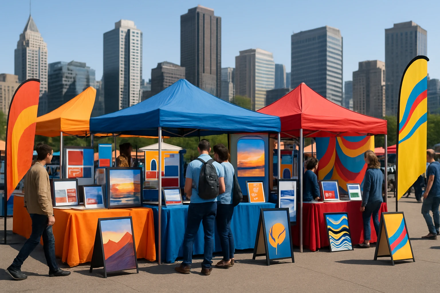 A bustling outdoor market scene with colorful display stands showcasing an array of products, including banners, portable signs, and promotional materials, set against a backdrop of city skyscrapers.