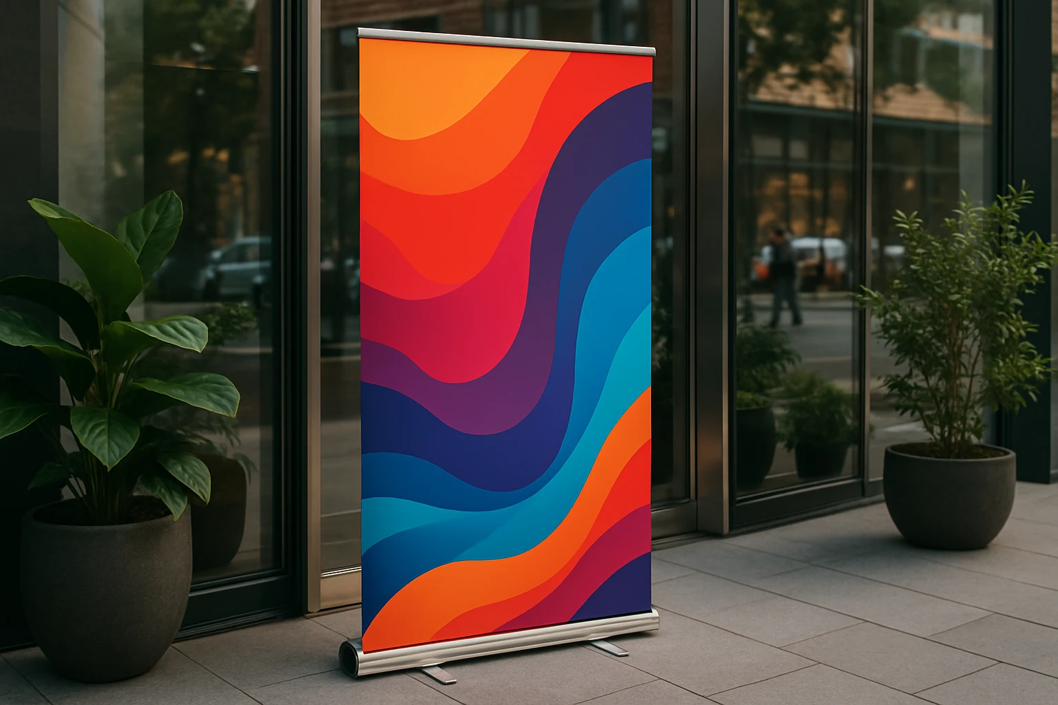 A close-up of a sleek, retractable banner stand displaying vibrant graphics next to a glass storefront, surrounded by potted plants and reflecting a busy city street in the background.
