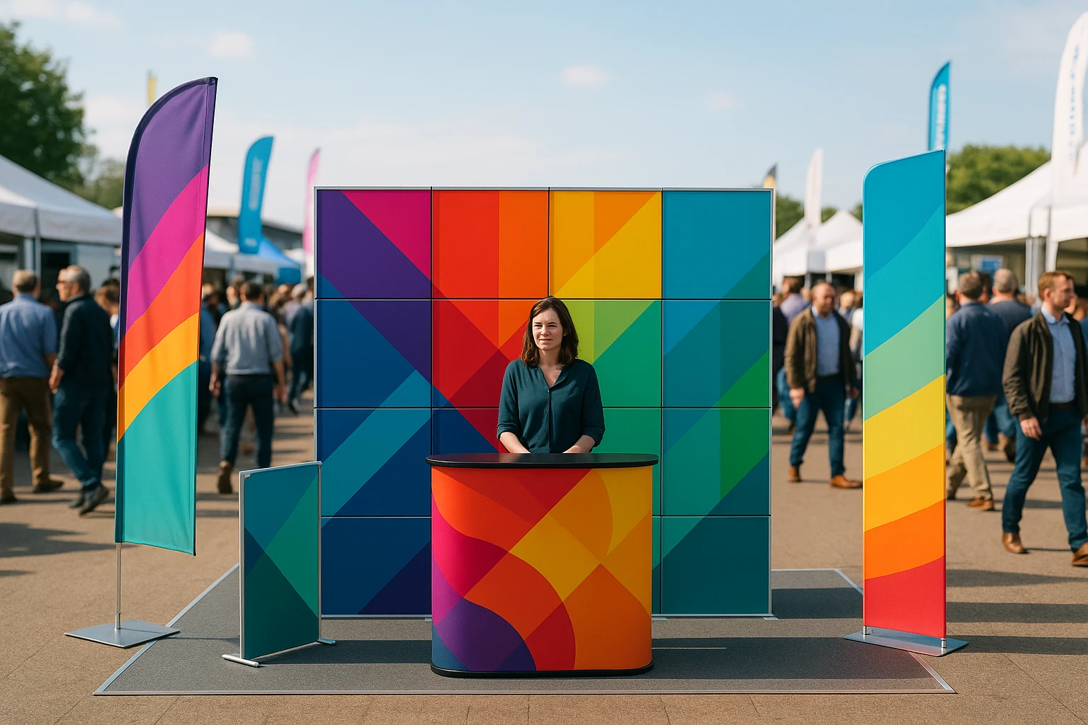 A vibrant exhibition stand showcasing XL Displays Ltd's portable display systems, set up at an outdoor trade fair, with colorful banners and modular panels attracting attention amidst a bustling crowd.