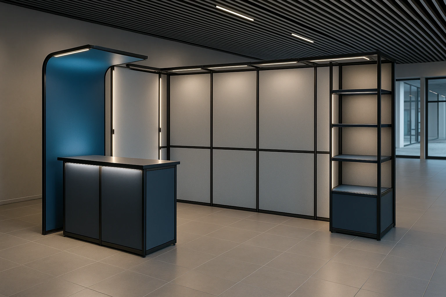 A sleek, modern exhibition booth featuring XL Displays Ltd's latest modular systems, with customizable panels and integrated LED lighting, set in a contemporary showroom environment.